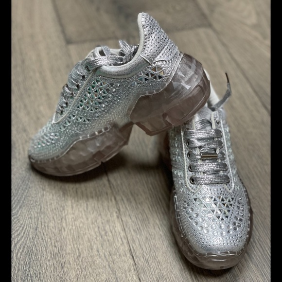 Lace Up Rhinestone Silver Chunky Platform Sneakers NWB! - Picture 5 of 16